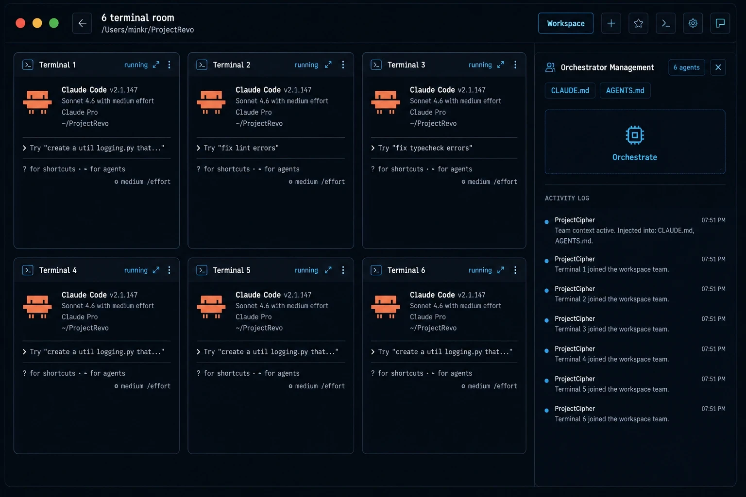 ProjectCipher terminal room — AI terminal orchestration room with up to 12 agents