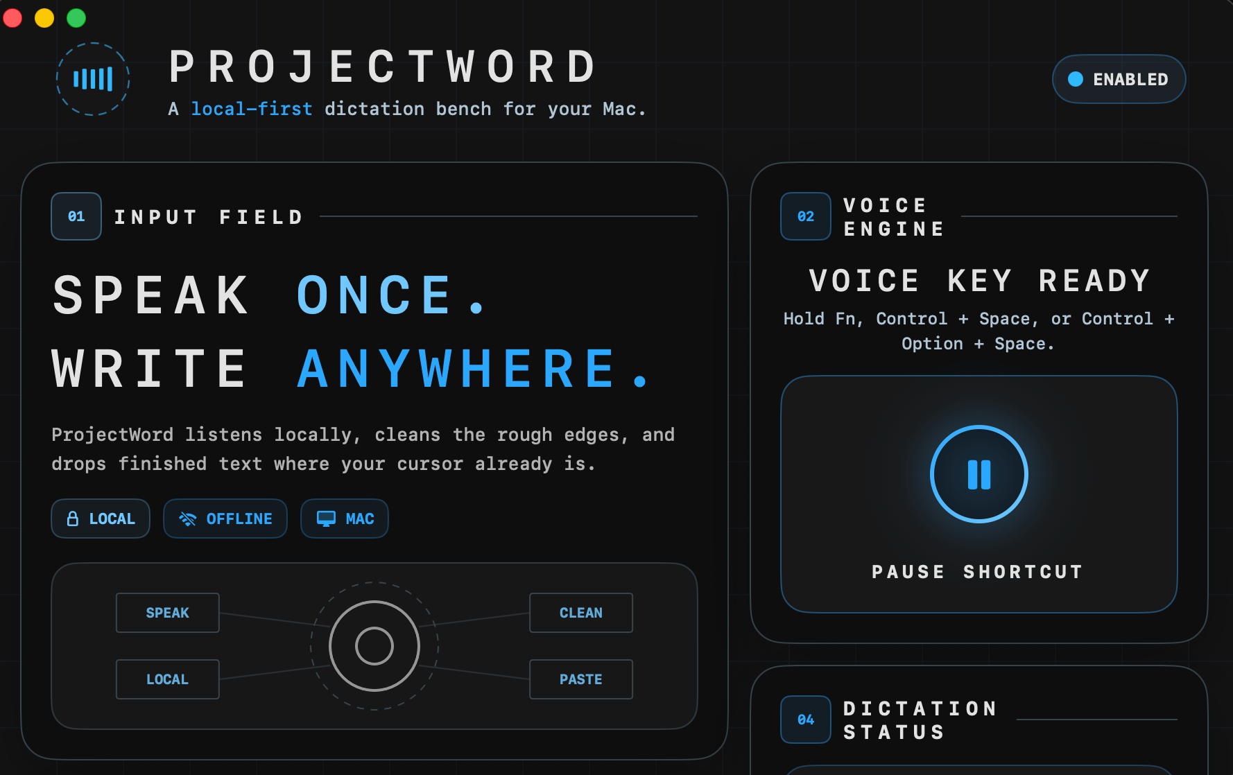 ProjectWord — native macOS dictation engine interface